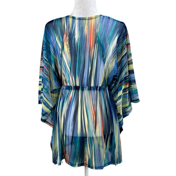 Blue Multicolor Sheer Mesh Cinched Waist V-Neck Oversize Cover-Up Plus 1X/2X NWT - Picture 3 of 15